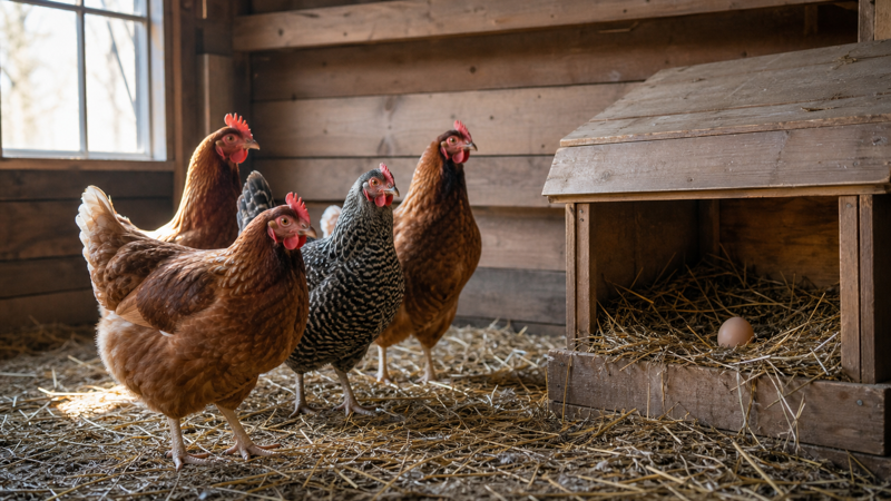 Backyard hens standing beside a wooden nesting box holding a single brown egg
