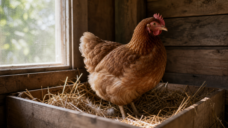 A brown backyard hen standing upright in a nesting box with fluffed feathers and lowered tail